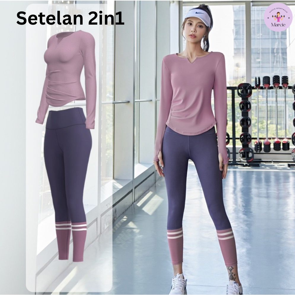 Setelan Olahraga 2 in 1 Pakaian Olahraga Wanita Set / Atasan Lengan Panjang Celana Legging Panjang K