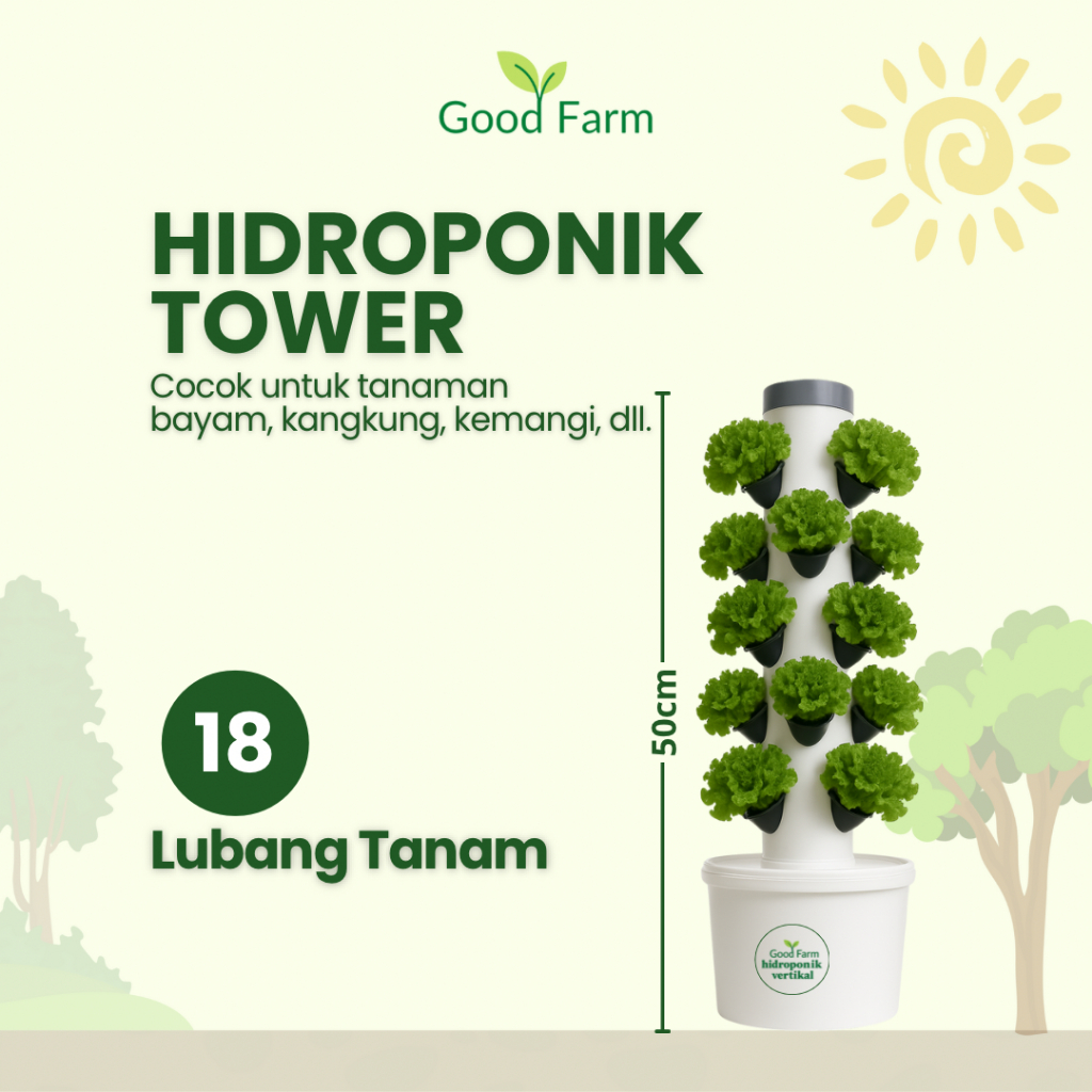 GoodFarm Hidroponik Tower Paket Hidroponik Tower 18 Lubang Sistem Tanam Vertikal Hidroponik Tower 18