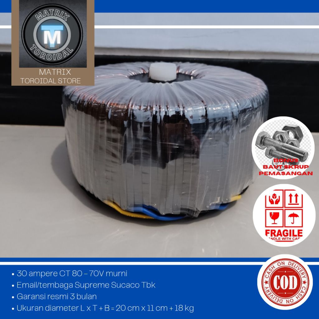 trafo toroid donat 30A CT 80V - 70V murni