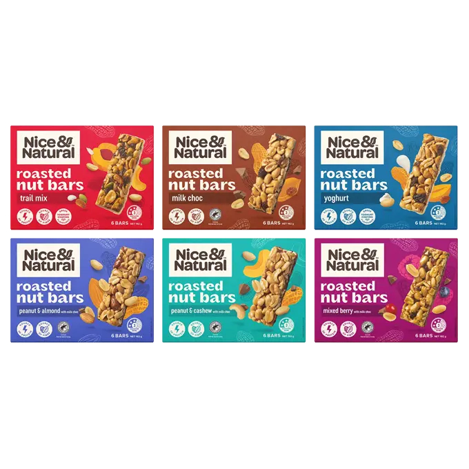 

Camilan / Snack / Makanan Ringan Impor Australia Griffin's Nice & Natural Roasted Nut Bars 192 Gr Varian Milk Chocolate, Mixed Berry, Peanut & Almond, Peanut & Cashew Milk Choco, Trail Mix, Yoghurt, Choc Nut Bars Apricot with Dark Choc,