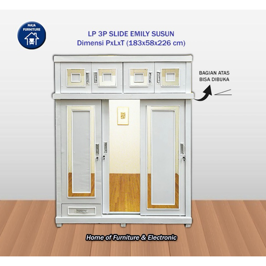 Lemari Pakaian 3 Pintu Sliding Jumbo Emily Susun | Lemari Minimalis 3 Pintu Kayu | Lemari Hijab