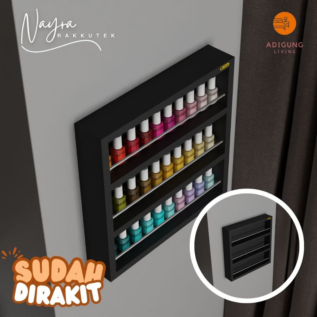 Rak  Nail Art Gantung Dinding - Rak Pajangan Dinding Warna Hitam-Rak Kutek 3 Susun Gantung-Nayra-C67