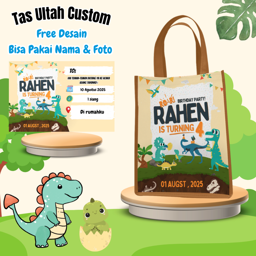 

Paket 50 Pcs Tas & Free Undangan Anak Ulang Tahun Custom Desain Dino Animal Safari Muat Kfc Snack Kain