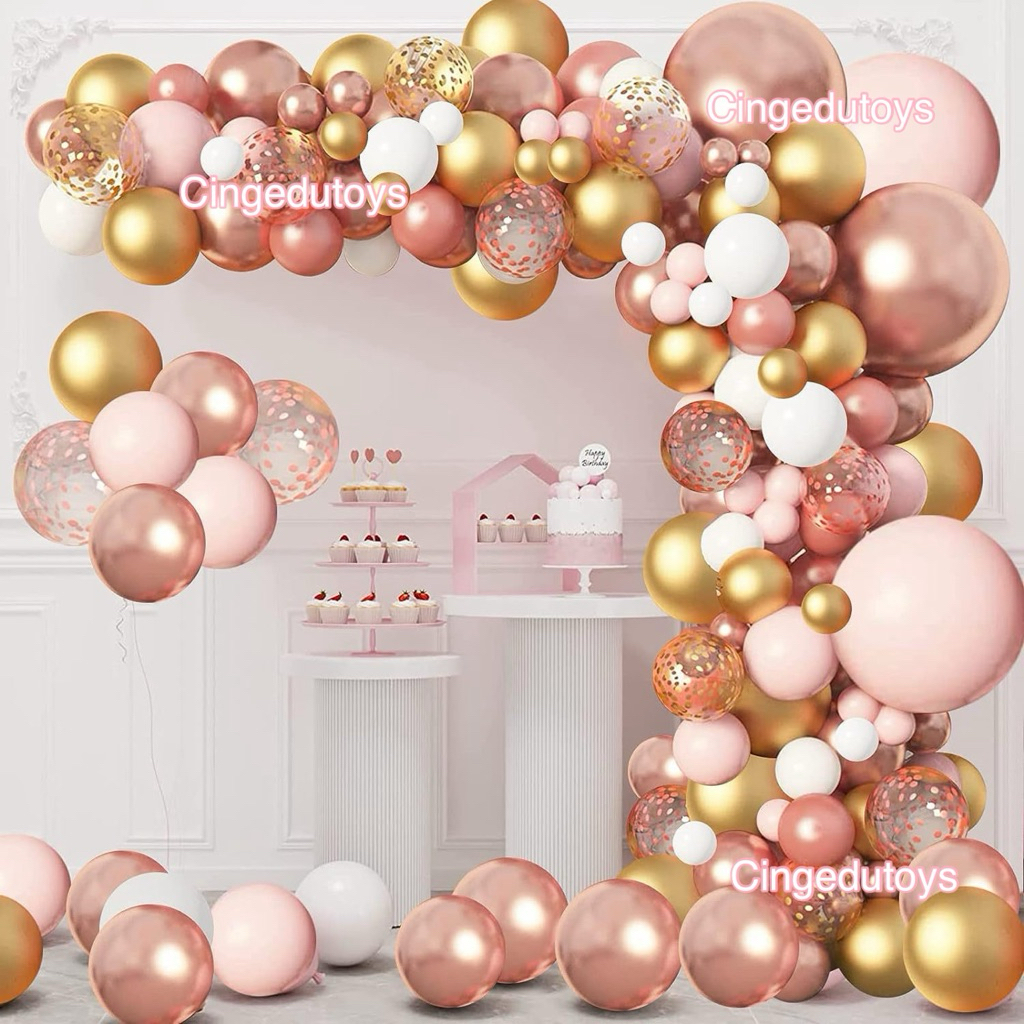 134pcs paket dekorasi balon garland happy birthday macaron pink rose gold
