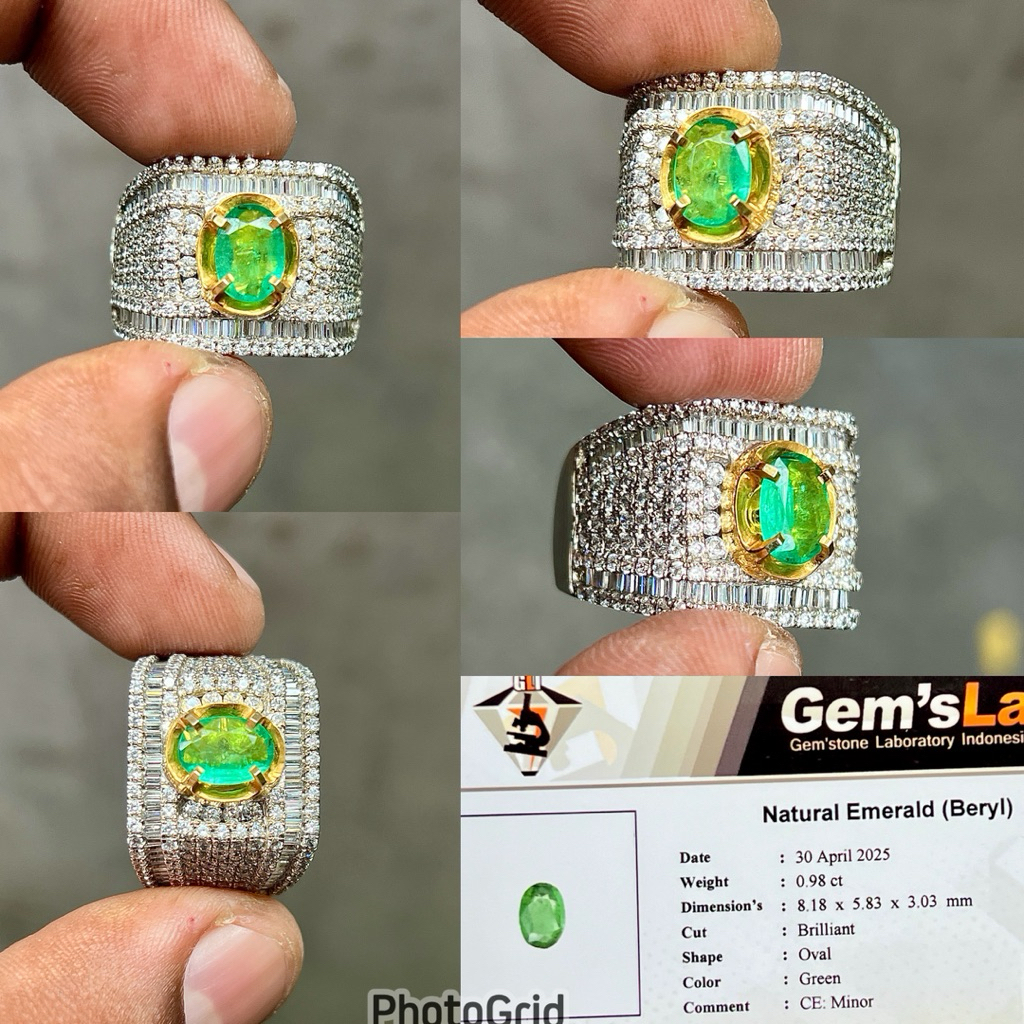Cincin Batu Zamrud Colombia Natural Zambian Emerald Jamrud Ring Perak Microsetting