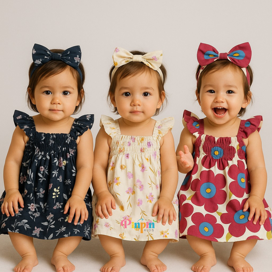 Pinpin Kids - Dress Motif FLOWER Anak Perempuan Free Handband / Dress Bayi Lucu Gaya Santai Part 1