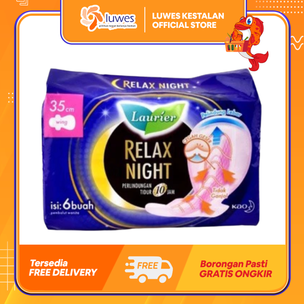 (LUWES) Laurier Relax Night 35cm isi 6 Wing | Pembalut Laurier Night 35cm Isi 6