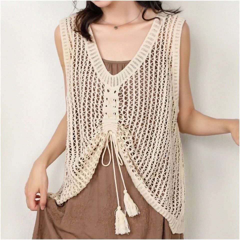 Rompi Rajut Crochet Tali Serut Gaya Boho Vintage Warna Cream