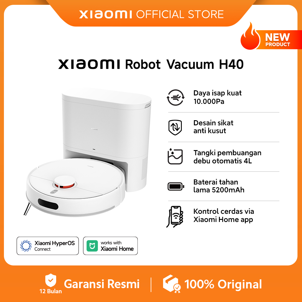 Xiaomi Robot Vacuum H40 | Daya isap kuat 10.000Pa | Desain sikat anti kusut | Pembuangan debu otomat