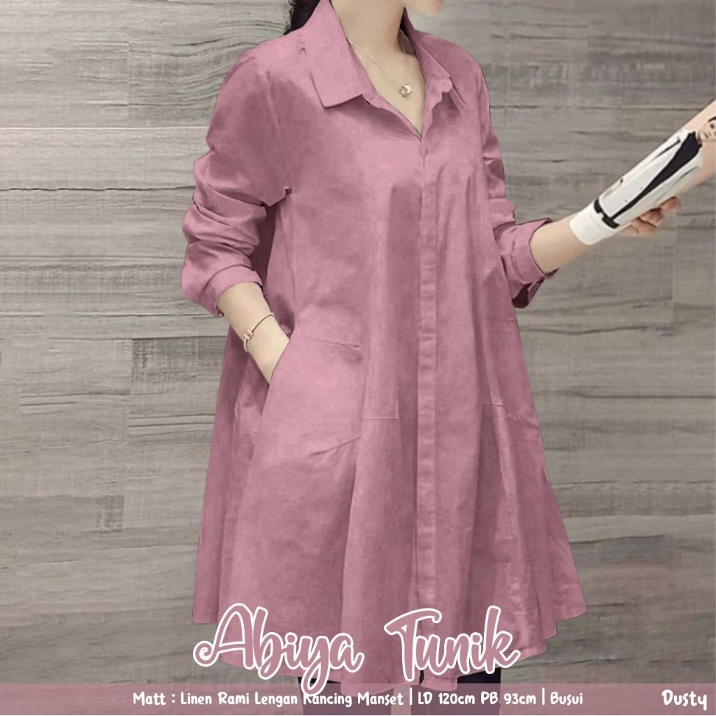 ABIYA TUNIK BAHAN LINEN. TUNIC LD 120 PB 93 CM. TUNIK WANITA FULL KANCING DEPAN. TUNIC JUMBO
