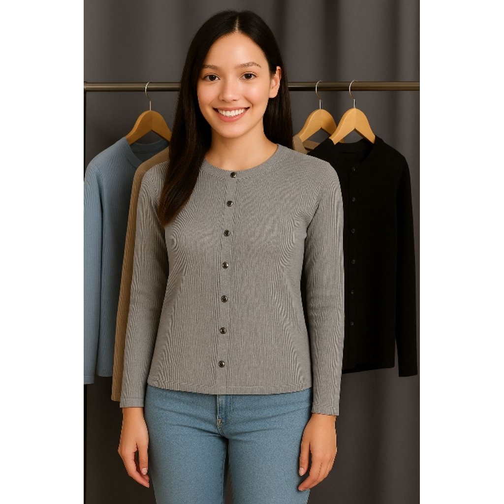 atasan/ cardigan wanita  knit rib lengan panjang dengan kancing aktif. Wanita