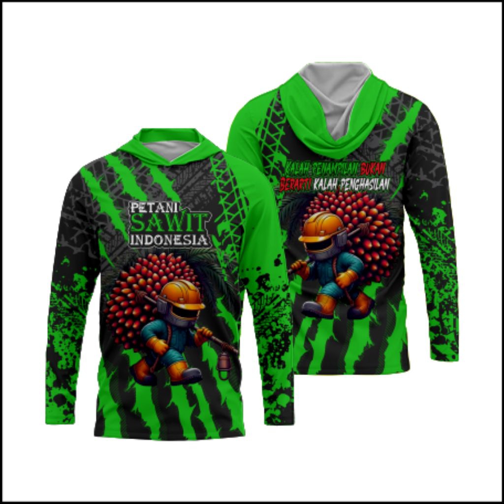 Jersey Petani Sawit Lengan Panjang Kupluk Baju Printing Hoodie Petani Sawit Bahan Tebal