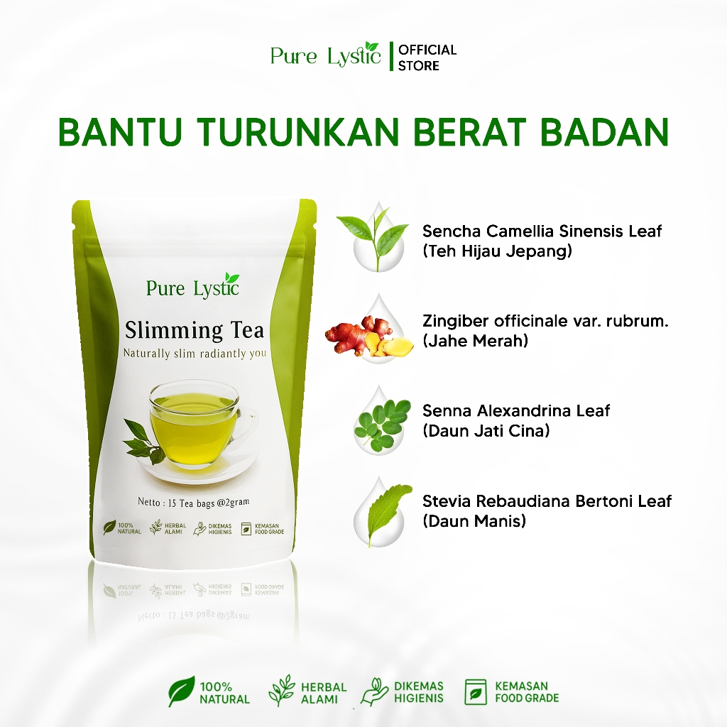 

Pure Lystic - Slimming Tea Herbal | Teh Pelangsing Detox Alami | Green Tea Senna Jahe Stevia