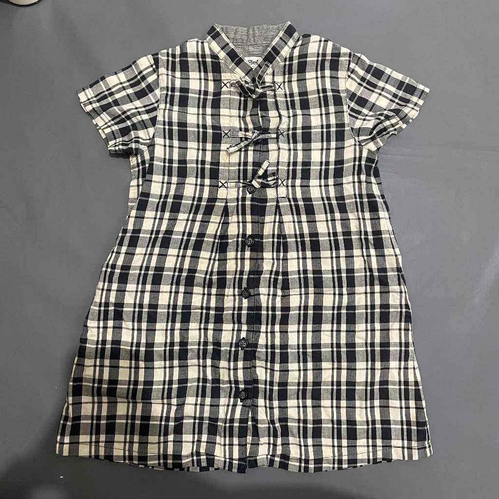 ANAK K336 (BEBE ORI, PRELOVED) Dress Tangan Pendek Rok Midi Panjang Kerah Hem Kancing Depan Pita Kot