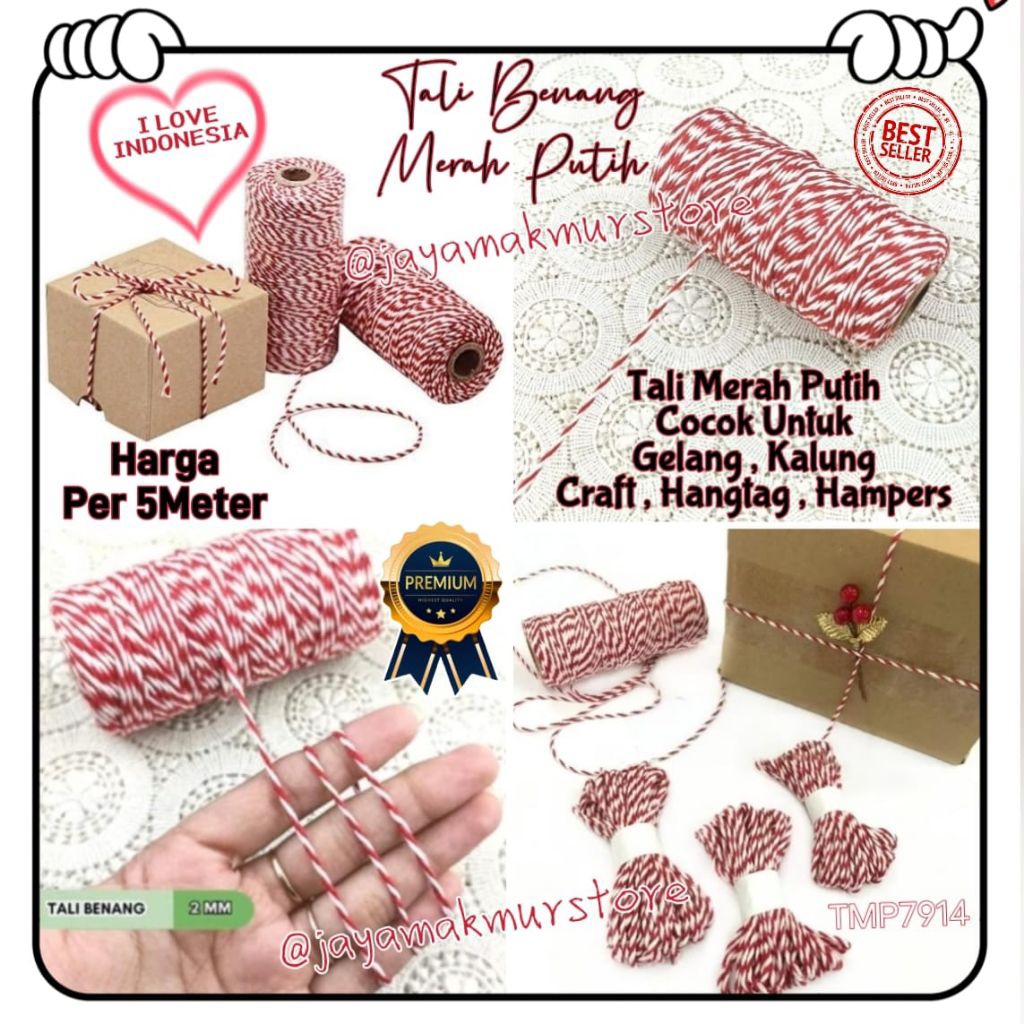 

(5METER) TALI BENANG MERAH PUTIH HUT RI 17 AGUSTUS / TALI HIASAN KADO / TALI KALUNG GELANG / TALI HANGTAG HAMPERS / TALI KERAJINAN TANGAN CRAFT / TALI BAKCANG / TALI HAMPERS IMLEK NATAL LEBARAN / TMP7914