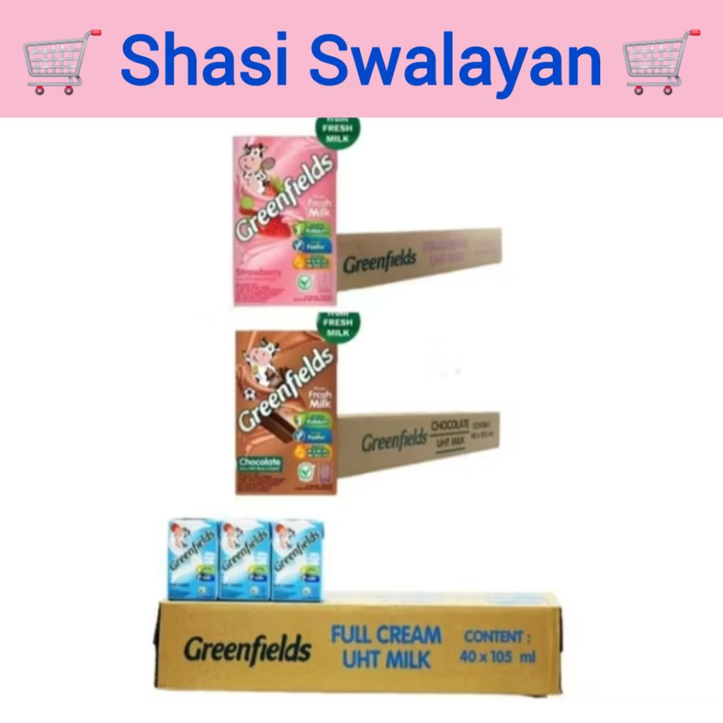 

GREENFIELDS 1 Dus Karton 40pcs 105ml - Susu UHT FullCream/ Strawberry/ Coklat/ All Varian