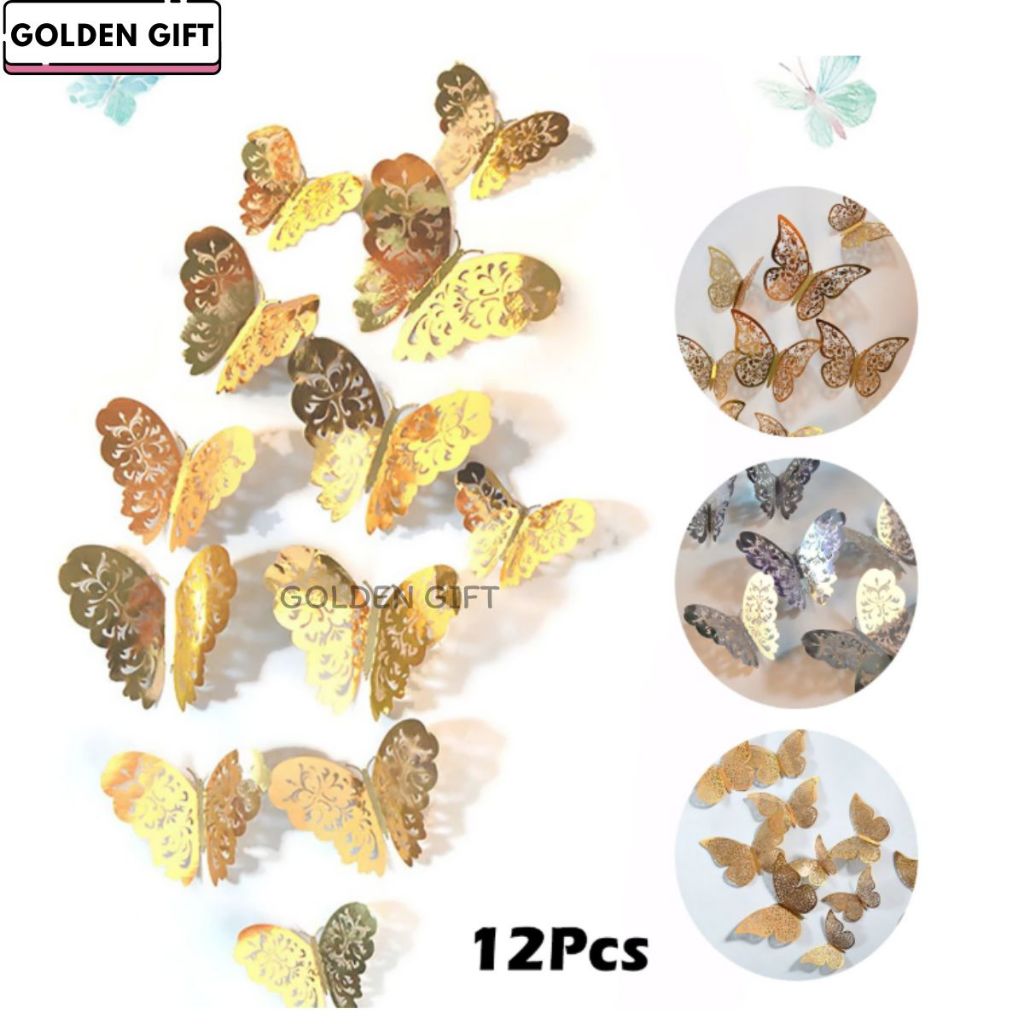 CAKE TOPPER SET KUPU KUPU/ TOPPER KUE KUPU-KUPU DEKORASI CAKE/TOPPER CAKE BUTTERFLY 3 D 12 PCS