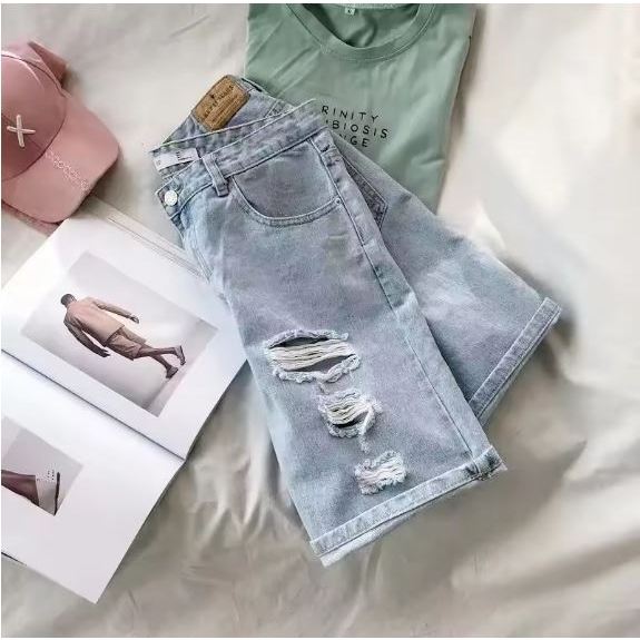 Celana Jeans Pendek Sobek Longgar Kasual Musim Panas Pria Pakaian Santai Celana dengan Desain Lubang