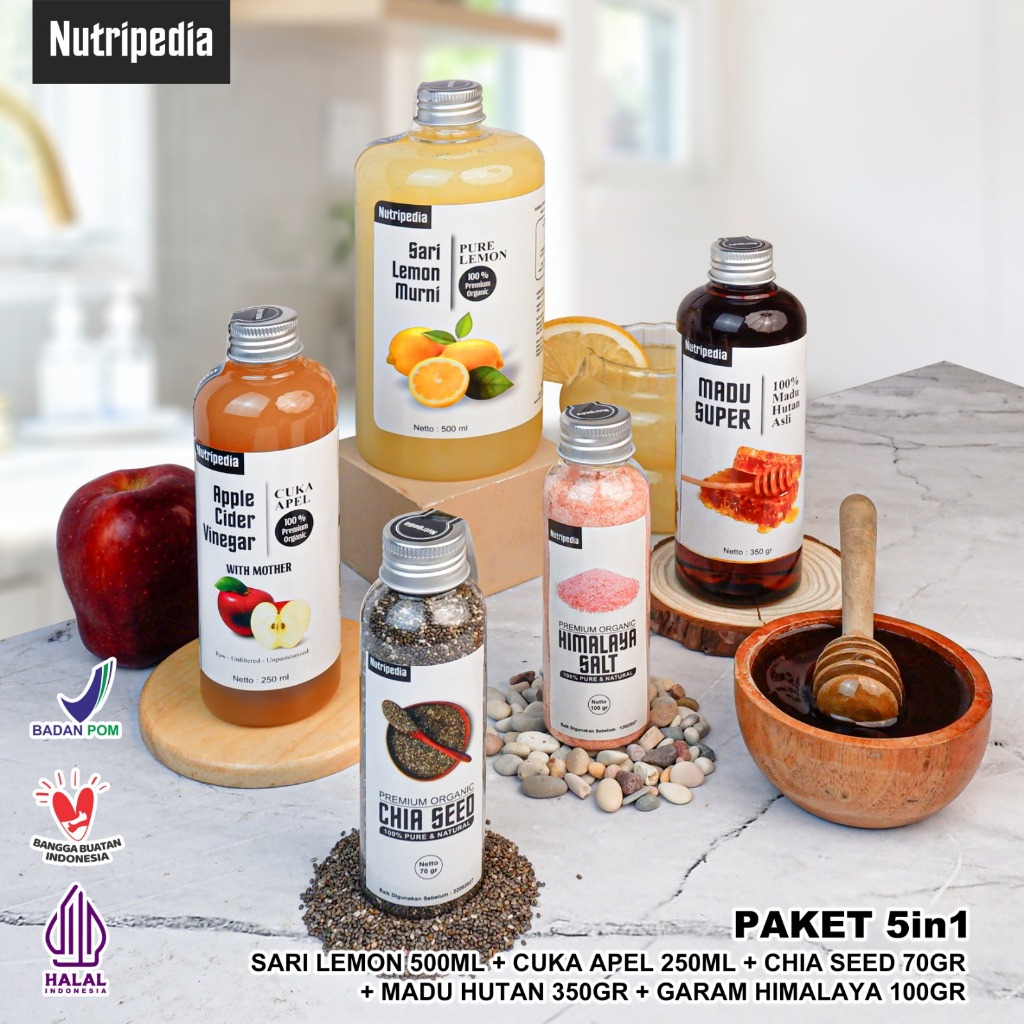 

Nutripedia Paket Diet 5in1 - Cuka Apel 250 ml, Sari Lemon 500ml, Chia Seed 70gr, Madu Hutan 350gr, Garam Himalaya 100gr