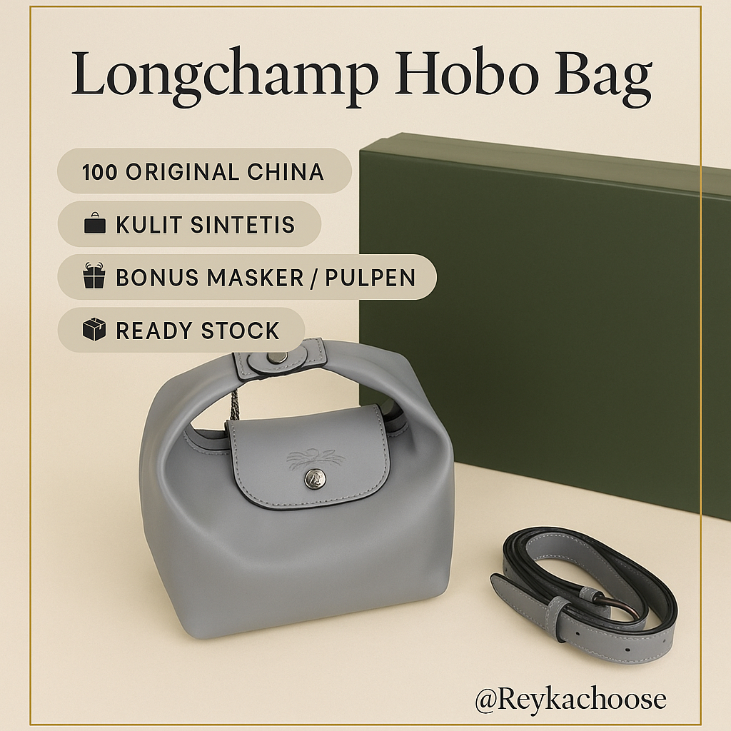 Tas Longchamp Hobo Grey/Black - Original China - Bahan Kulit Sintetis FREE Gift