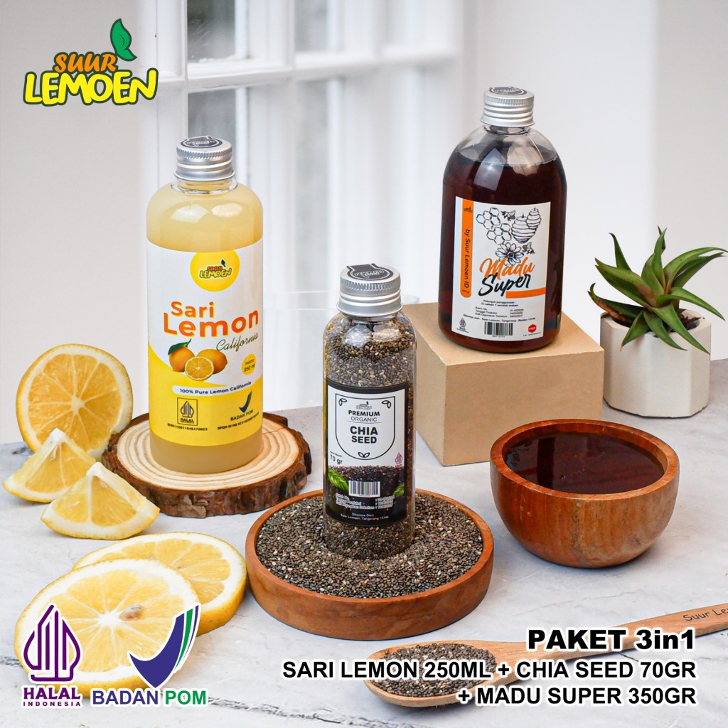 

Suur Lemoen - Paket Sari Lemon California 250ml Murni + Biji Chia Seed 70gr + Madu Super 350gr 100% Untuk Diet