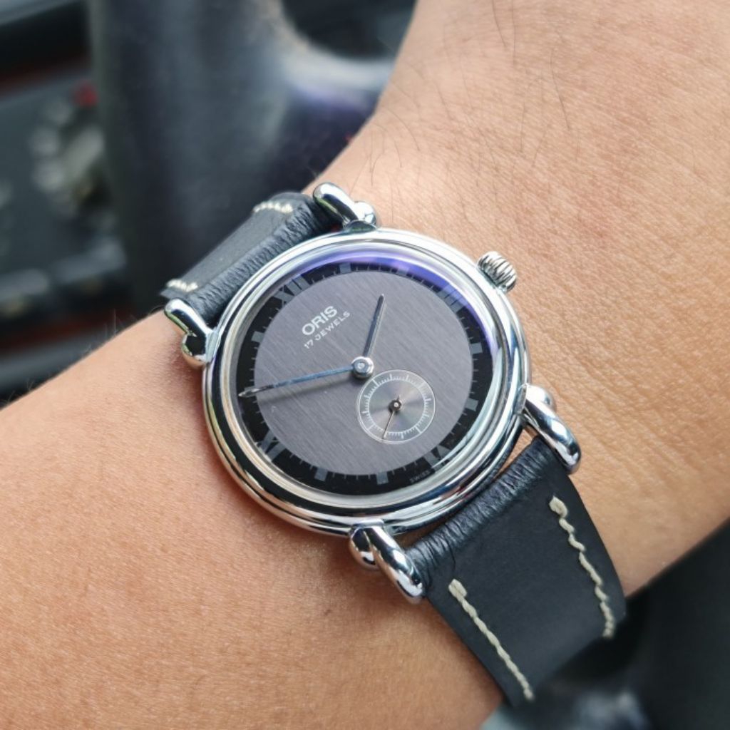 90s Vintage Oris small sub second Manual Wind two tone Grey Dial art deco Fancy Lugs