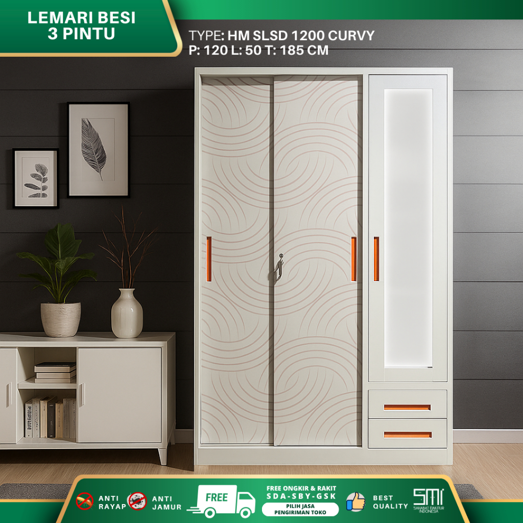 Lemari Besi 3 Pintu 120 SLSD AVERY - Lemari Pakaian Besi Sliding - Lemari Besi Jumbo, Lemari Pakaian