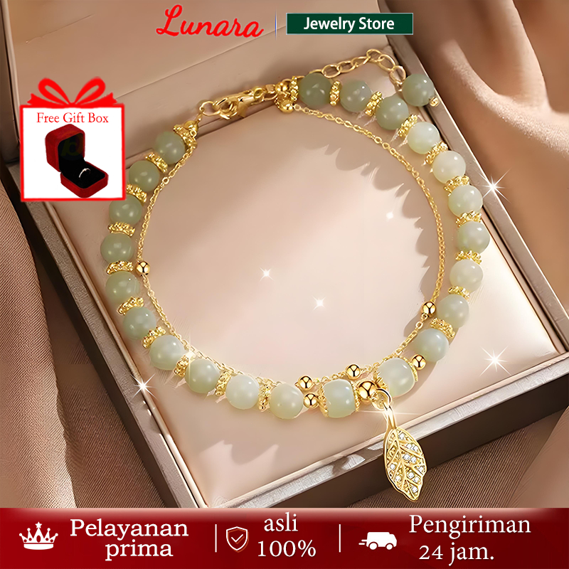 【Free Gift Box】Gelang Giok Gelang Wanita Manik-manik cabang emas dan daun giok Lapisan ganda Desain 