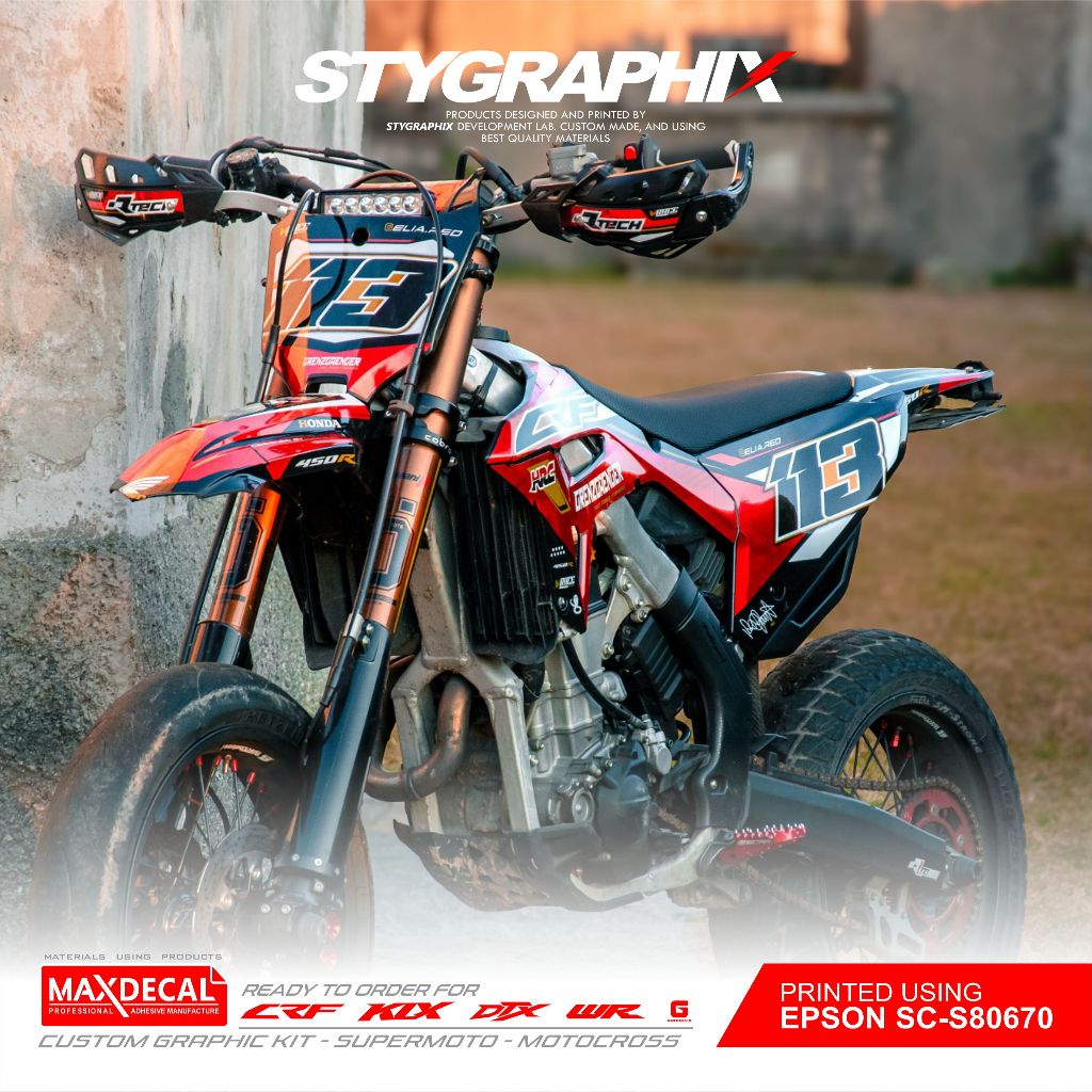 DECAL CRF450 MERAH HITAM READY UNTUK CRF150L BISA CUSTOM NAMA NOMOR WARNA