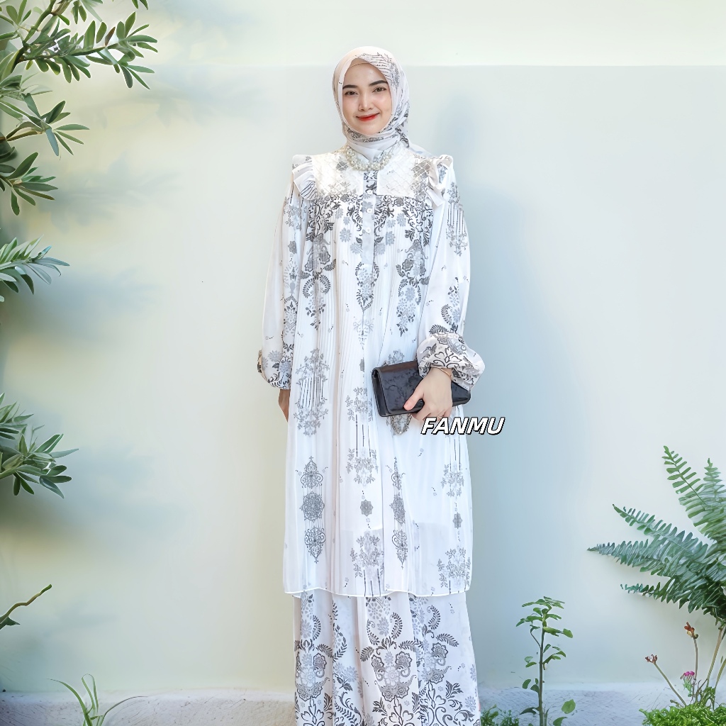 FANMU Gamis Set Hijab Wanita/ Dress Putih Kondangan Premium Wanita/Dress Lebaran Model Gamis Terbaru