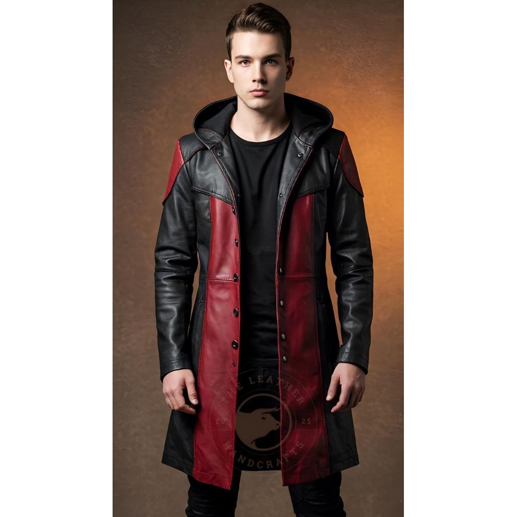 Handmade Jubah Gothic CyberPunk Duster Jaket Jubah Kulit Imitasi Pria Model Red Black Hoodie Jubah c