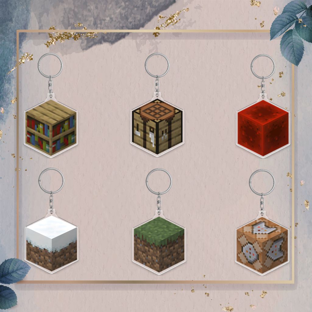 Ganci gantungan kunci akrilik comand block, grass, snow, block Redstone, crafting table