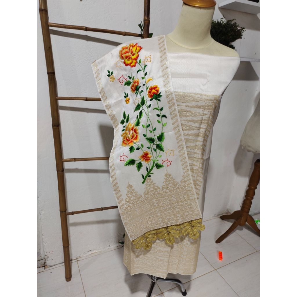 Songket Silungkang selendang sulam warna bw gold, songket padang