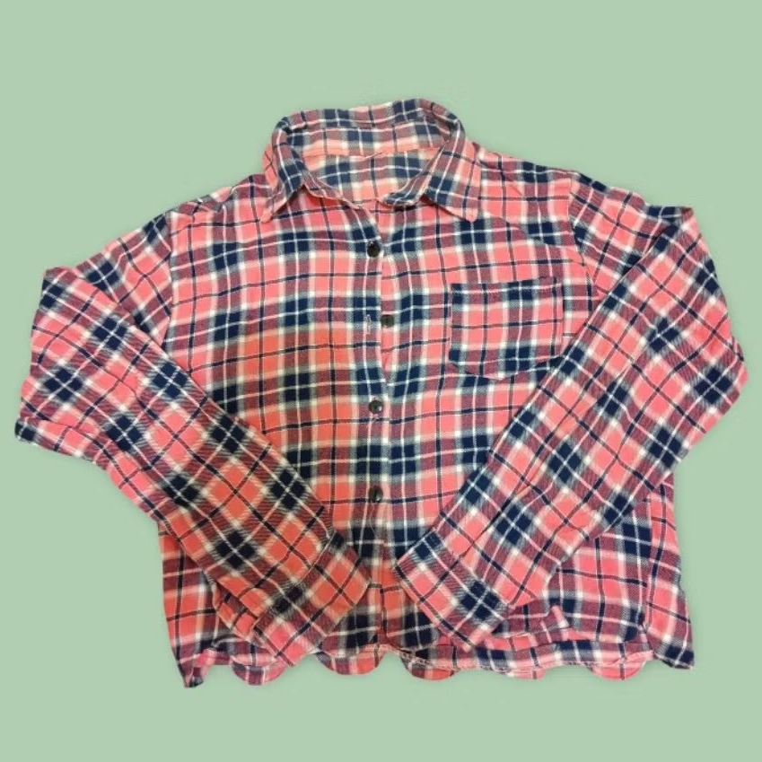 Kemeja Kotak-Kotak / Pink /Crop (Preloved)