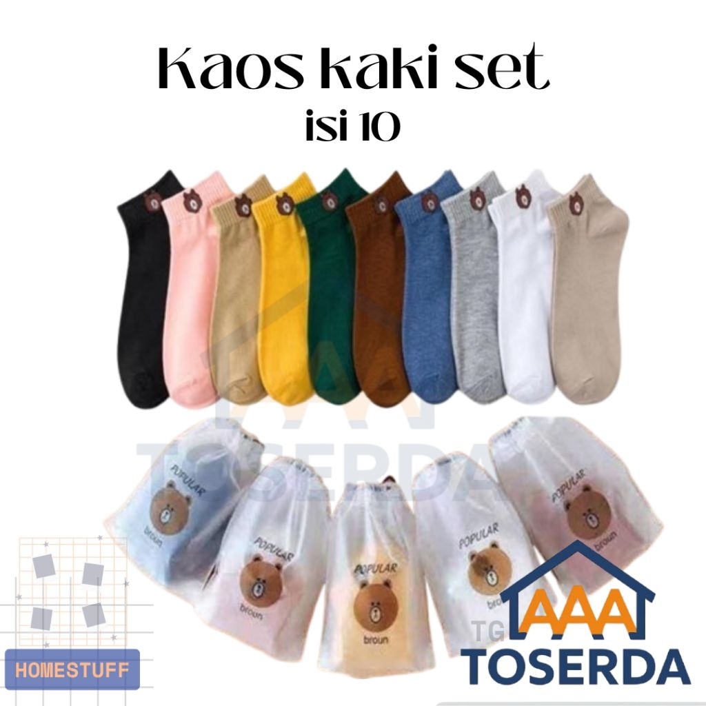 AAA Toserda | Kaos Kaki Beruang Isi 10 Pasang Warna Random Unisex – Kaos Kaki Pendek Pouch Wanita & 