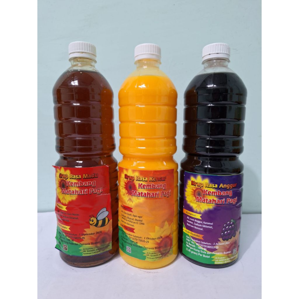 

Sirup Madu | Sirup Kencur | Sirup Anggur 1 liter merk Kembang Matahari Pagi