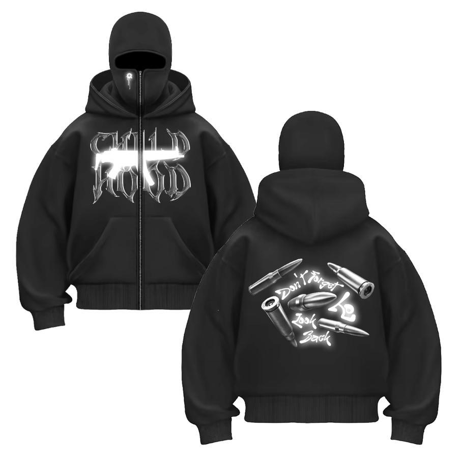 CHILDHOOD Hoodie Balaclava Zipper Reflektif Nyala Gelap Pria Wanita Hitam