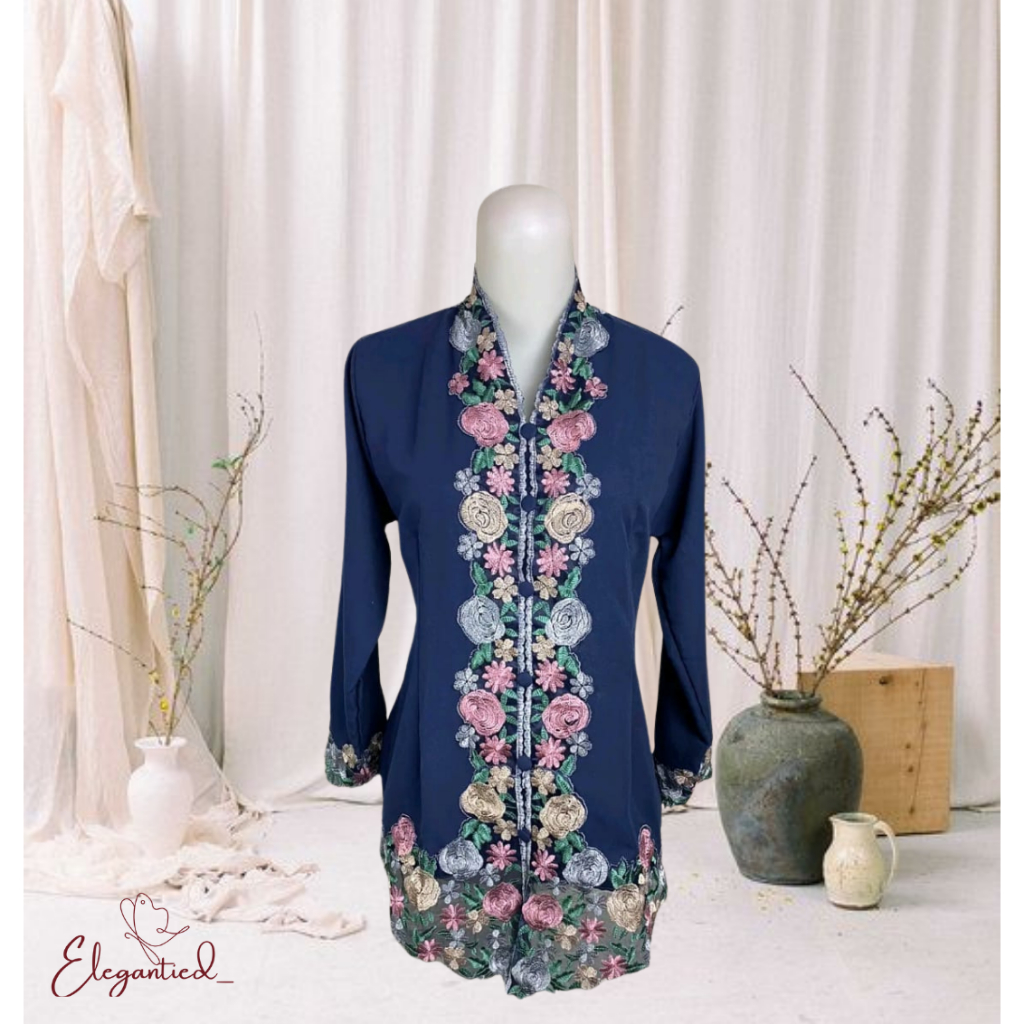 Kebaya Encim Modern Motif Bunga Dewasa Navy