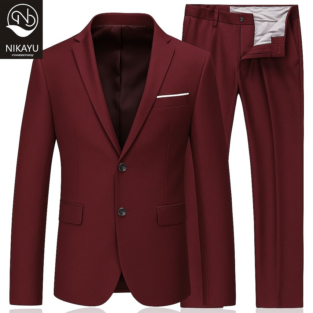 Paket 2in1 MAROON - Setelan Jas Pria SlimFit - Blazer + Celana - Formal Pesta Kerja Kantor Wisuda Pr