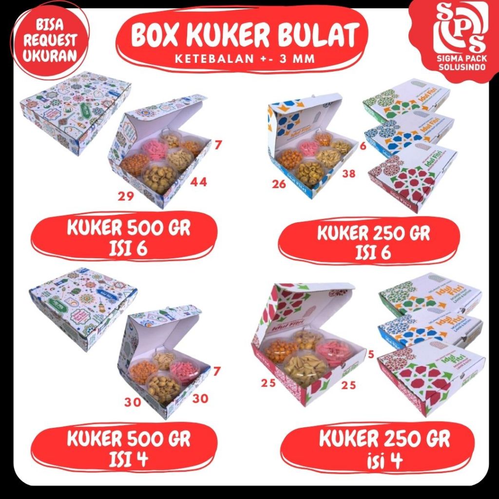 

Kardus Kuker Isi 6/4 44x29x7 / 38x26x6 / 30x30x7 / 25x25x5 Toples 250gr/500gr Toples Bulat Box Ied Mubarok Dus Idul Fitri Lebaran Packing Kotak Kemasan Pizza Polos/Motif/ Hampers lebaran Idul Fitri