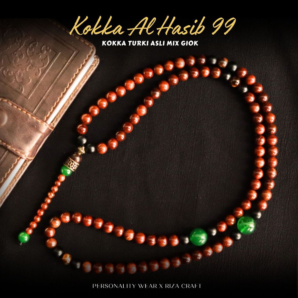 Tasbih Kayu 99 Butir Kokka Kaokah Kokah Arab Turki Mesir mix Batu Giok Hijau dan Onyx Hitam ASLI Ori