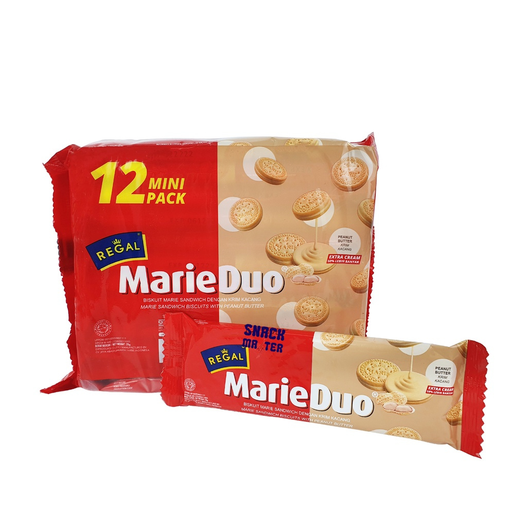 

Regal Marie Duo 12 Mini Pack – Biskuit Marie Sandwich Rasa Vanilla, Cokelat & Peanut 20gr