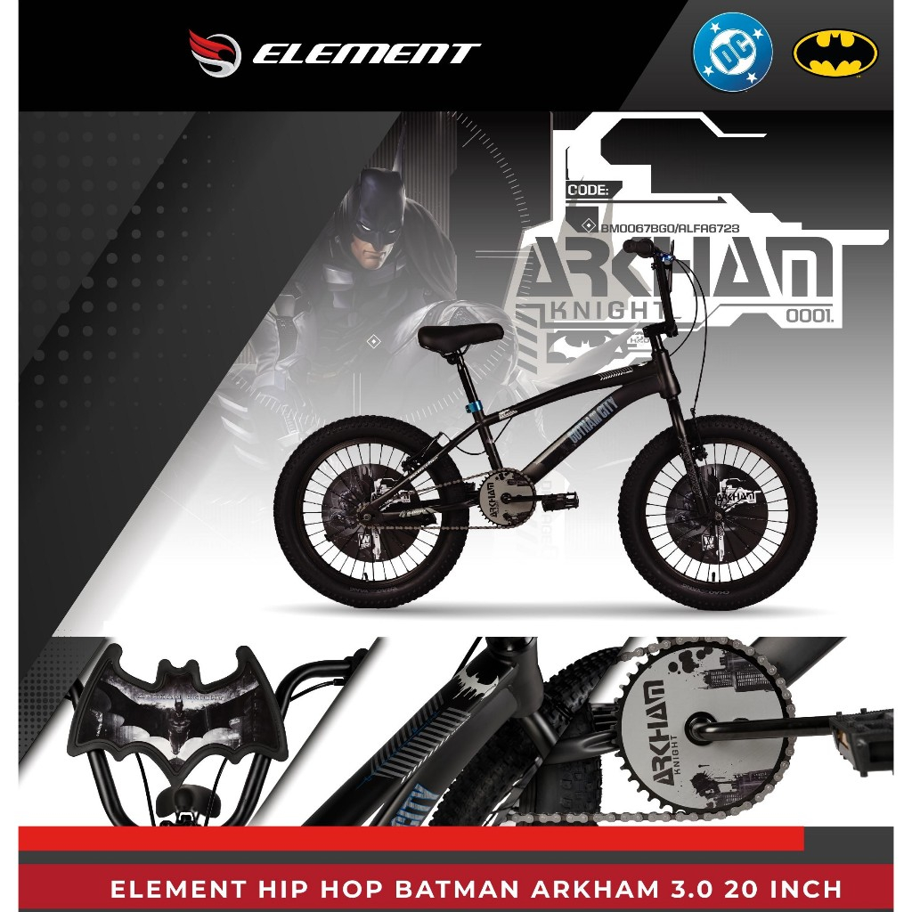 ELEMENT Sepeda BMX 20" HIP HOP BATMAN ARKHAM ban 3.0 untuk usia 8 Tahun sampai Remaja