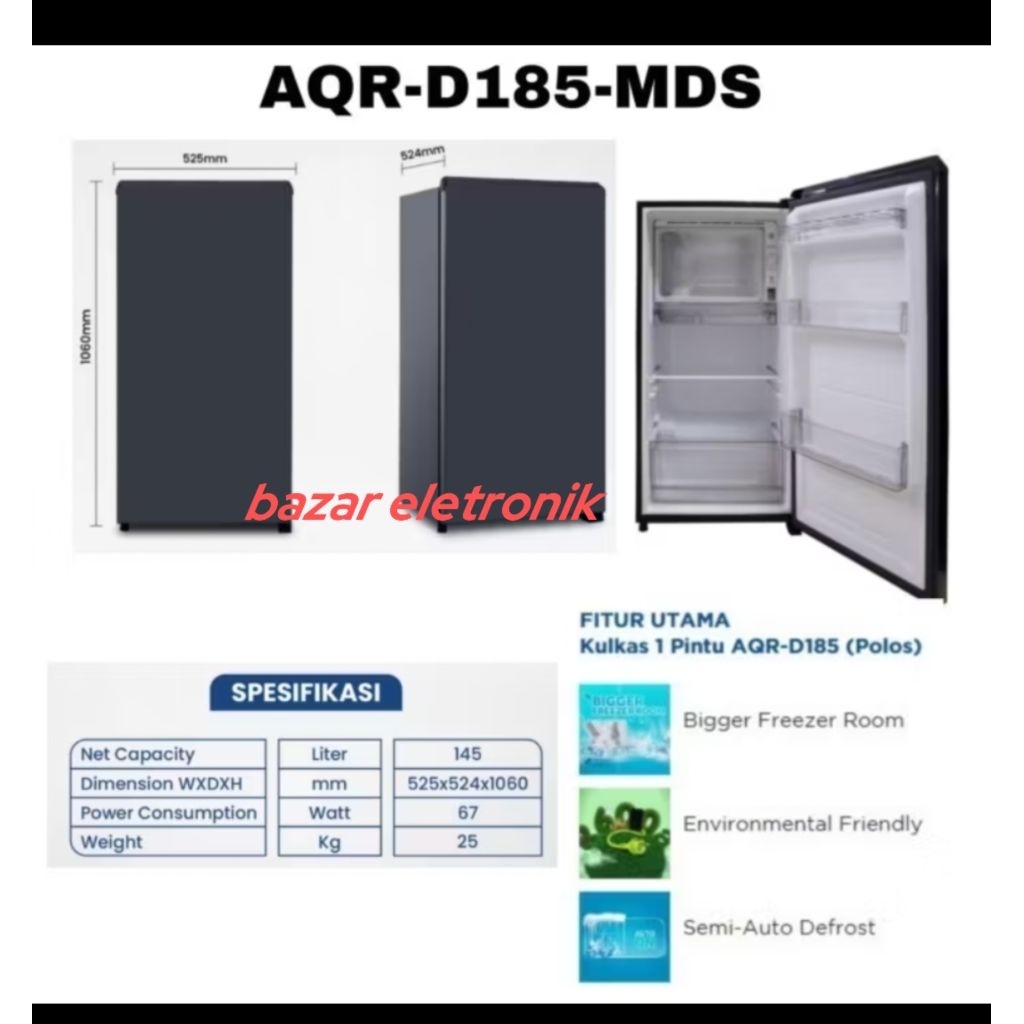 Kulkas AQUA AQR D 185MDS/MLS/AQUA Kulkas 1 pintu 185mds/mls kulkas aqua 1pintu dark silver