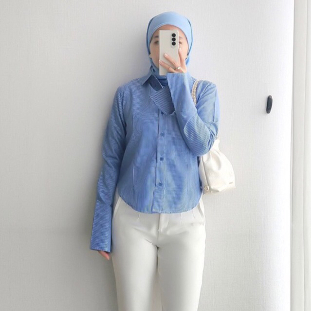 BELLA MOSA Nikki Salur Shirt Atasan Long Sleeve Salur Wanita Kemeja Salur Kemeja Katun Premium BELLA