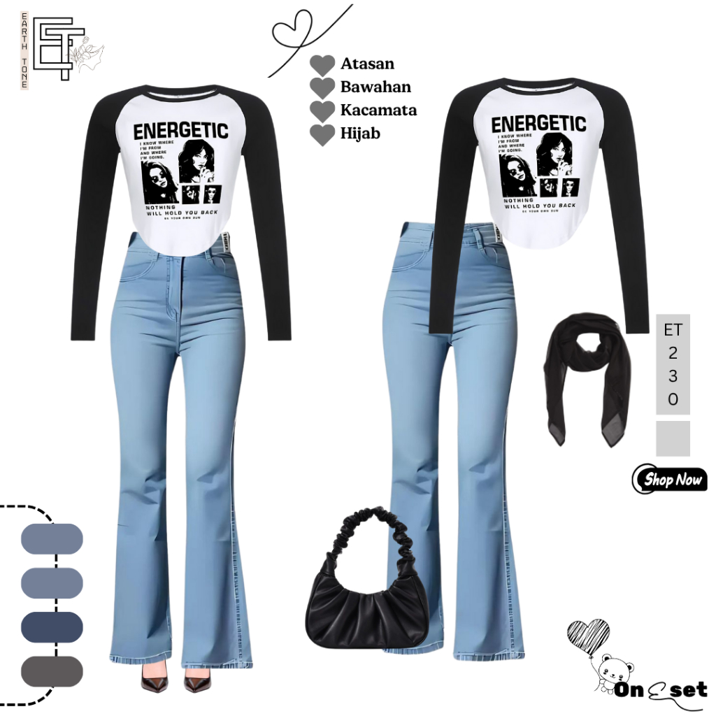 Setelan Wanita Korean Style - Kaos crop top+ cutbray jeans+Tas bahu + Hijab [ET230]