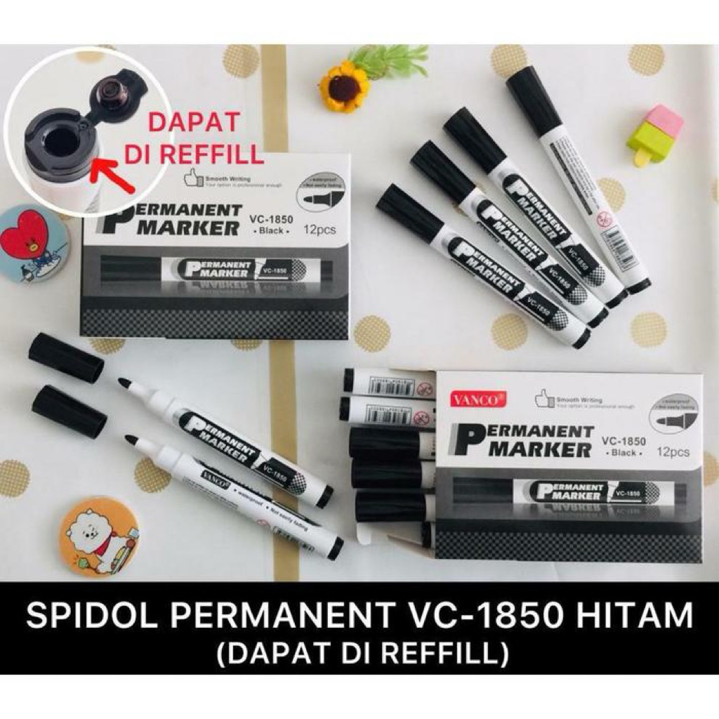 

(ISI 12 PC) SPIDOL PERMANENT VANCO VC-1850 HITAM DAPAT DIREFILL