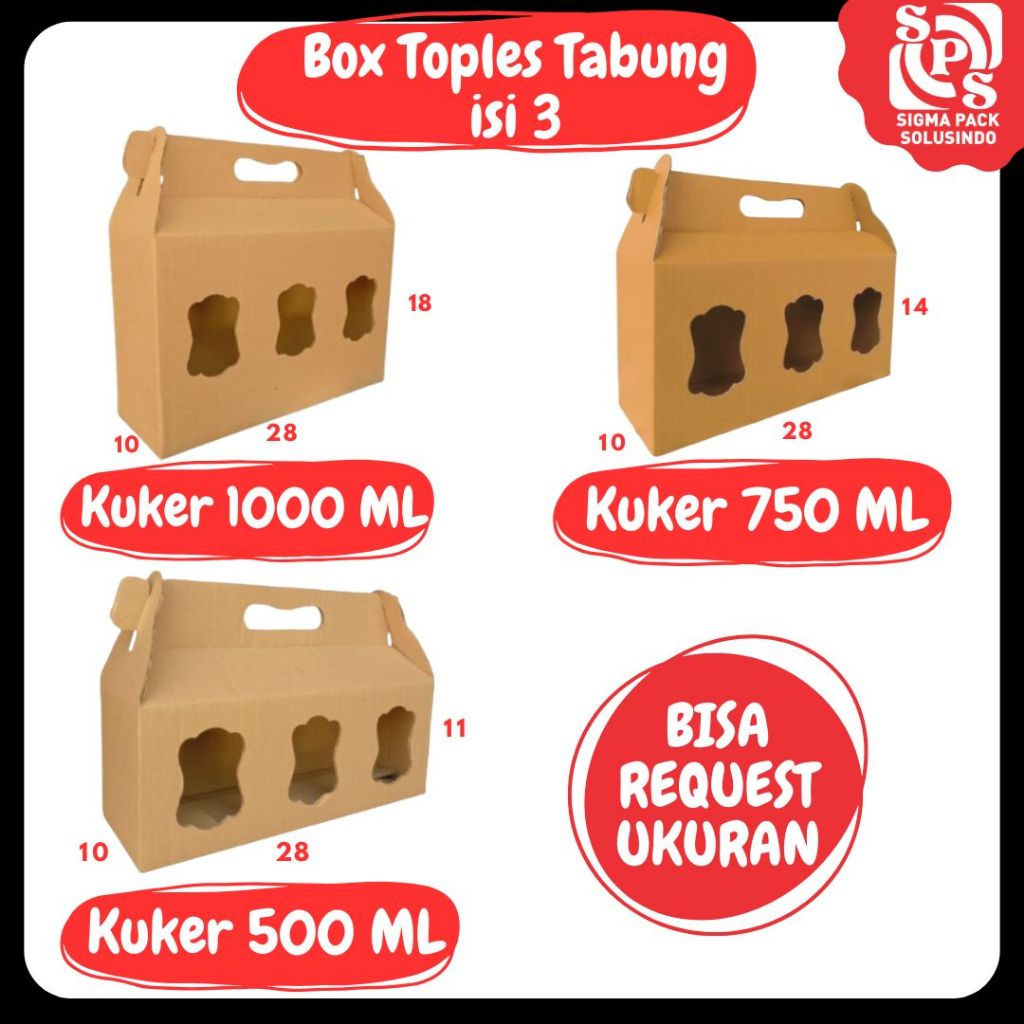 

Kardus Kuker Toples Tabung isi 3 28x10x11/28x10x14/28x10x18 Box Kue Kering JAR 500ml/750ml/1000ml Gable Box Idul Fitri Zigma Pack