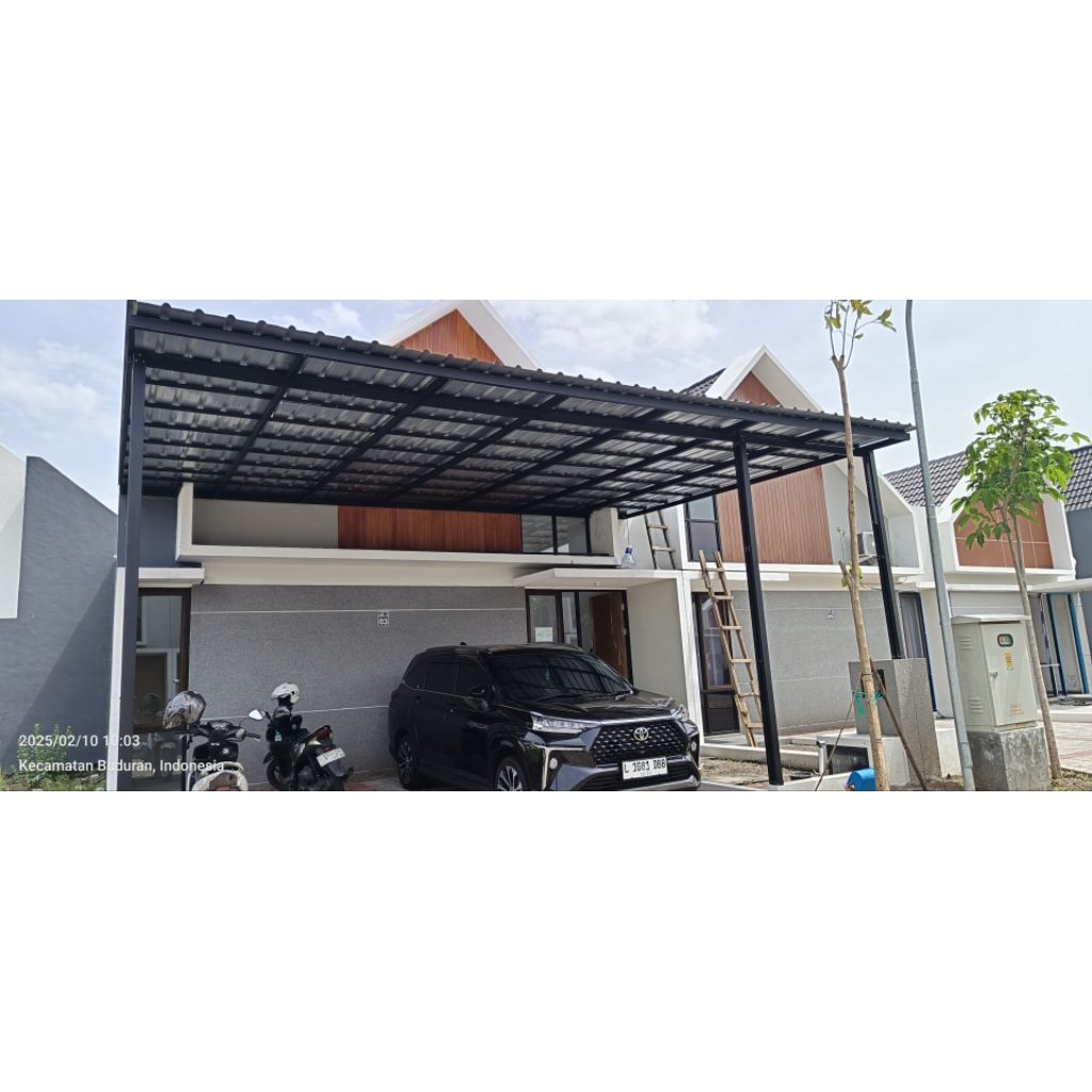 Kanopi Rangka Baja Ringan /Galvalum spandek pasir + coating Rangka per m²