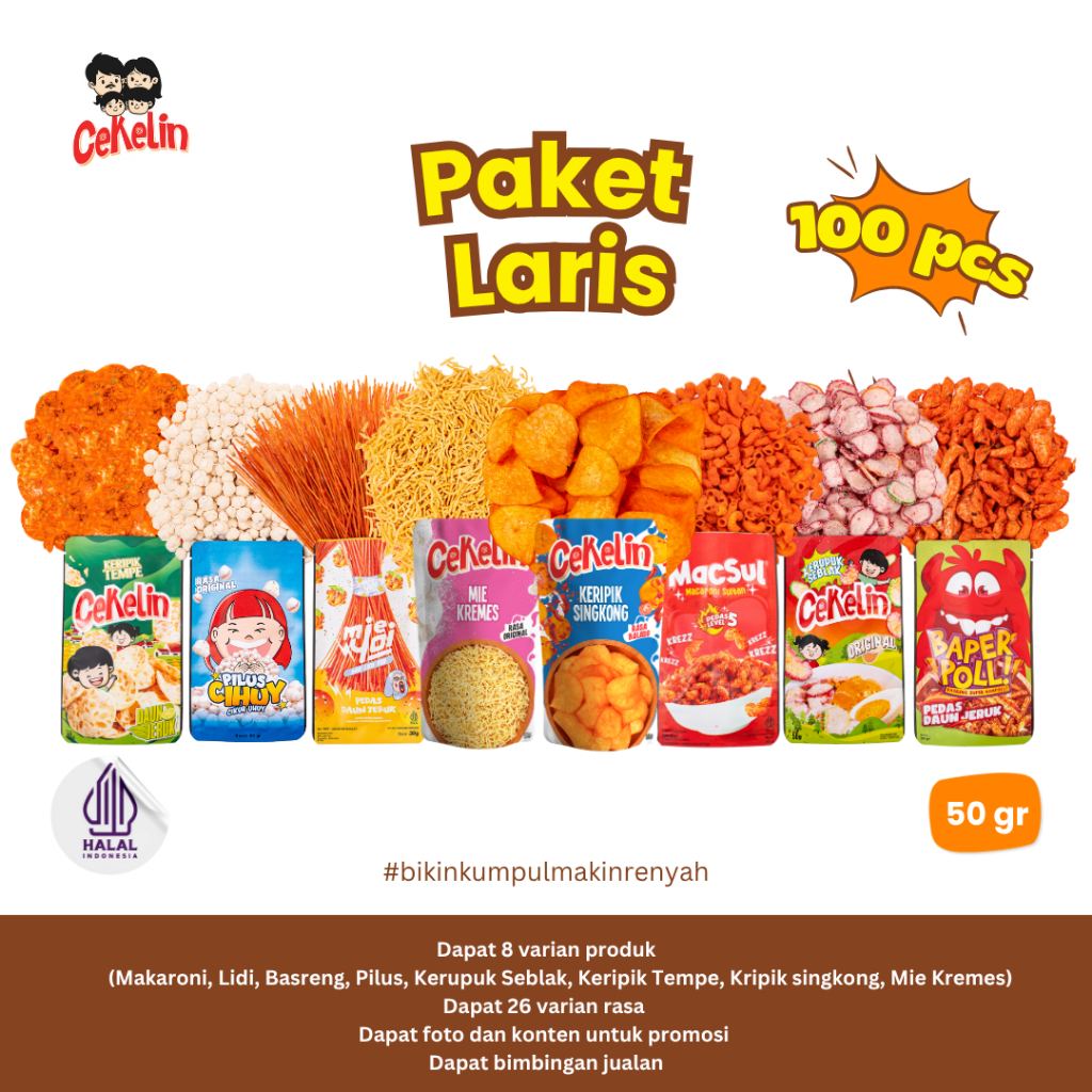 

CEKELIN Cemilan Paket Laris 100pcs 8 Produk 26 Varian Rasa Gratis Ongkir